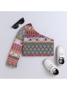 Taffy - Floral Border Printed Full Sleeves One Shoulder Crop Top - Multi-Color