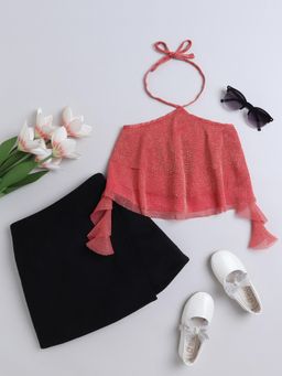 Taffy - Sleeveless Halter Neck Ruffled Party Crop Top & Skirt - Black (Set of 2)