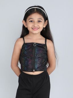 Taffy - Multi Foil Printed Zip Up Crop Top - Black