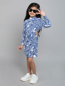 Taffy - Tropical Printed Full Sleeves Circle Ruched Dress - White