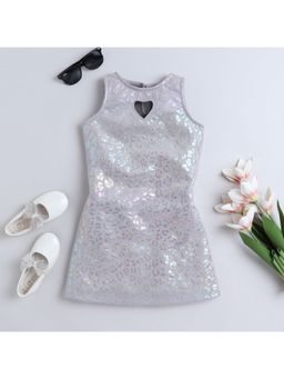 Taffy - Foil Printed Heart Shape Cut Out Detail A-line Party Dress - Grey