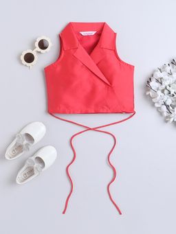 Taffy - Art Silk Sleeves Blazer Crop Top - Coral