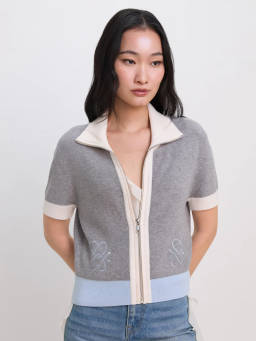 Pomelo - Short Sleeve Zip Polo Knit Top - Mid Grey