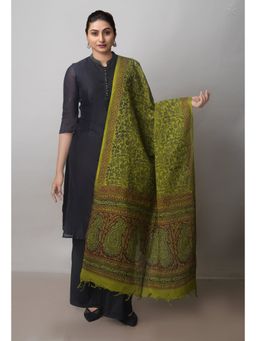 Unnati Silks - Olive Green Pure Hand Block Printed Mulmul Cotton Dupatta