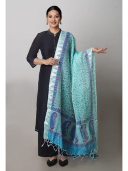 Unnati Silks - Tiffany Blue Pure Block Printed Kota Cotton Dupatta