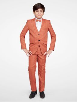 Jeetethnics - Boys Peach Checked Coat Suit With Waistcoat Shirt & Trousers (Set of 5)