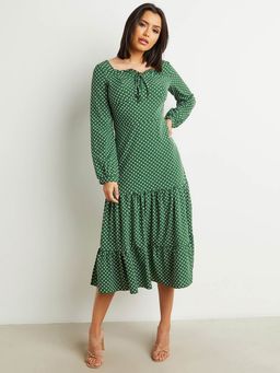 Styli - Green Polka Dot Print Drop Waist A-line Midi Dress