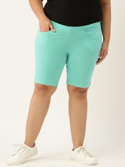 theRebelinme - Plus Size Womens Sea Green Solid Cotton Shorts