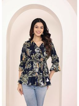 Kaori By Shreya - Navy Blue Tropical Print Angrakha Style Cotton Kurta Top