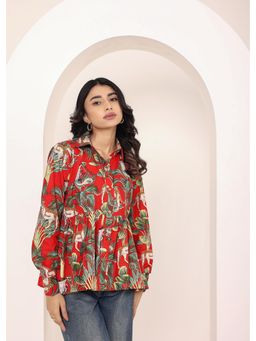 Kaori By Shreya - Red Floral Printed Cotton Summer Top with Front Collar and Buttons