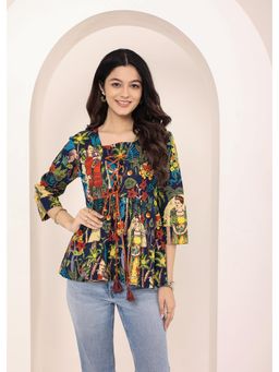 Kaori By Shreya - Navy Blue Tropical Print Criss-Cross Tie-Up Cotton Kurta Top