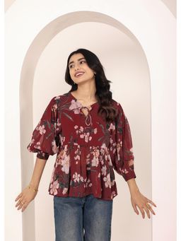 Kaori By Shreya - Maroon Floral Print Balloon Sleeve Peplum Top