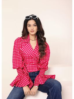 Kaori By Shreya - Pink Gingham Collared Wrap Top with Fancy Sleeves and Waist Tie Up