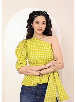 Kaori By Shreya - Green and White Gingham One-Shoulder Peplum Top with Waist Tie