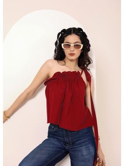 Kaori By Shreya - Maroon Red Linen Blend One-Shoulder Tie-Up Top
