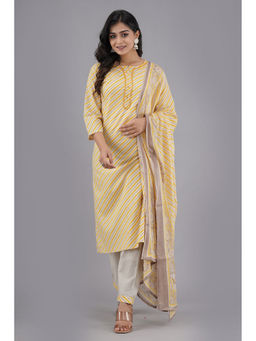 Vastramyaa - Yellow & Off White Leheriya Kurta With Pant & Dupatta (Set of 3)