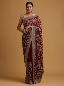 Koskii - Wine Zari Work Georgette Designer Saree with Unstitched Blouse