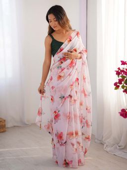 Kalista Fashion - Pink Floral Saree with Unstiched Blouse
