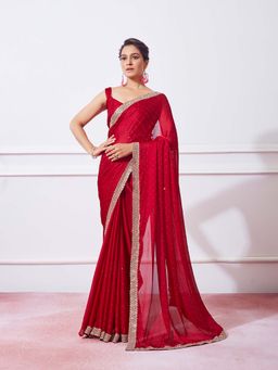 Kalista Fashion - Red Embellished Saree with Unstiched Blouse