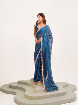 Kalista Fashion - Teal Floral Saree with Unstiched Blouse