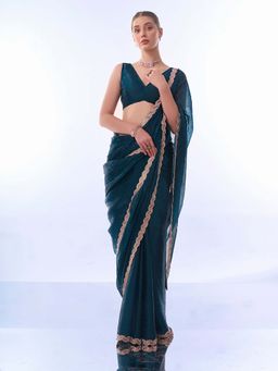 Kalista Fashion - Teal Embellished Saree with Unstiched Blouse