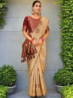 Kalista Fashion - Beige Woven Saree with Unstiched Blouse