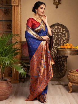 Kalista Fashion - Navy Blue Woven Saree with Unstiched Blouse