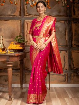 Kalista Fashion - Pink Woven Saree with Unstiched Blouse