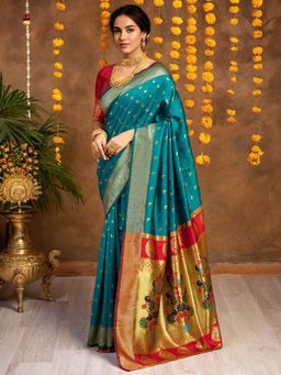 Kalista Fashion - Blue Woven Saree with Unstiched Blouse