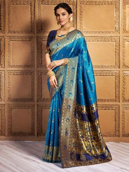 Kalista Fashion - Blue Woven Saree with Unstiched Blouse