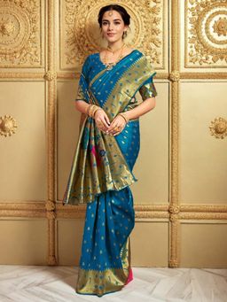 Kalista Fashion - Blue Woven Saree with Unstiched Blouse