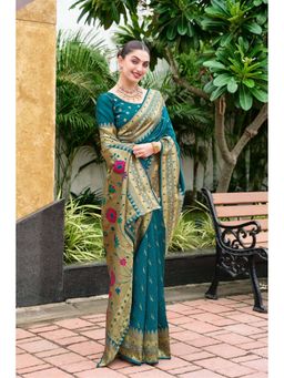 Kalista Fashion - Teal Woven Saree with Unstiched Blouse