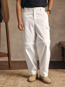 Andamen - Men Solid Cotton Blend Straight Regular Fit Zipper Casual White Cargo