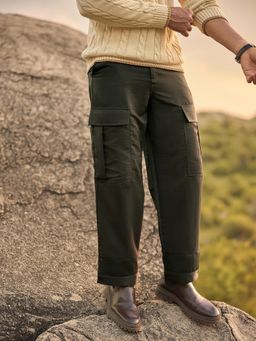 Andamen - Men Solid Nylon Blend Straight Regular Fit Zipper Casual Olive Cargo