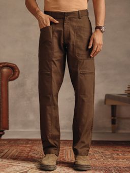 Andamen - Men Textured Cotton Regular Fit Zipper Casual Brown Carpenter Pant