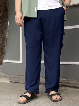 Instafab Plus - Men Navy Blue Pleated-Textured Cargo