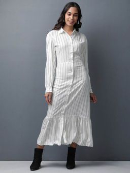 Freehand - White Women's Fit and Flared Striped Dress
