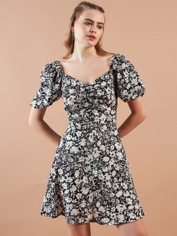 Freehand - Black Women's Fit and Flared Floral Mini Dress