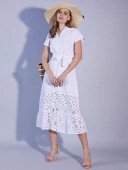 Freehand - White Women's Flared Solid Shirt Dress with Belt (Set of 2)