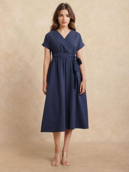 RAREISM - Bhamin Navy Blue Solid Midi Dress with Belt (Set of 2)