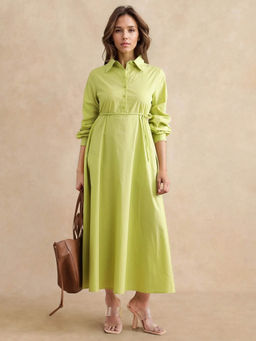 RAREISM - Prep Green Solid Midi Dress with Belt (Set of 2)