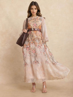 RAREISM - Ronav Primary Beige Print Maxi Dress