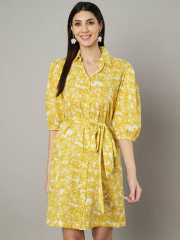 AMAGYAA - Floral Print Puff Sleeve A-Line Mini Dress with Belt