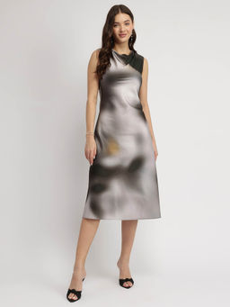 FableStreet - Grey Marble Print A-Line Dress