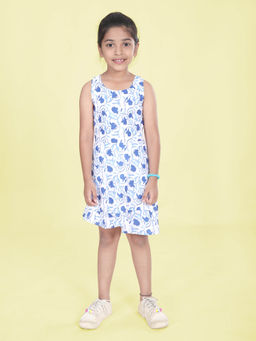 KiddoPanti - Girls Blue Floral Printed Asymmetrical Dress