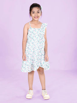 KiddoPanti - Girls Green Floral Printed Ruffle Detailed Asymmetrical Dress