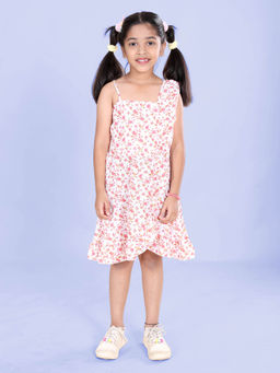 KiddoPanti - Girls Red Floral Printed Ruffle Detailed Asymmetrical Dress