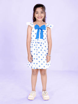 KiddoPanti - Girls Blue Flower Printed Flared Dress with Bow