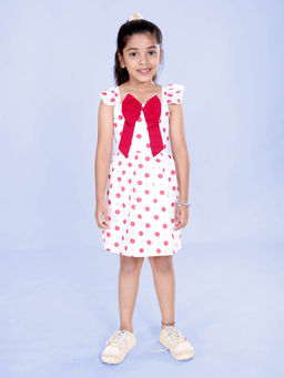 KiddoPanti - Girls Red Flower Printed Flared Dress with Bow