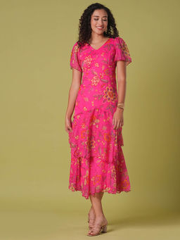 Globus - Women's Pink Floral Print Layered Fit and Flare Maxi Dress